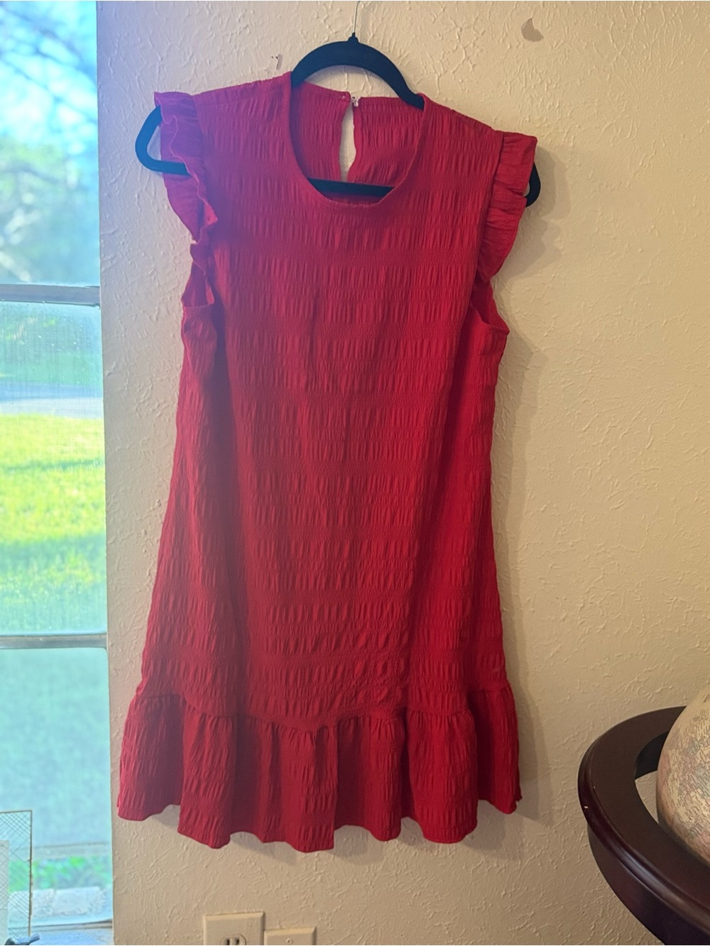 Red Textured Ruffle Sleeve Dress | Smocked Shift Dress | Size Medium